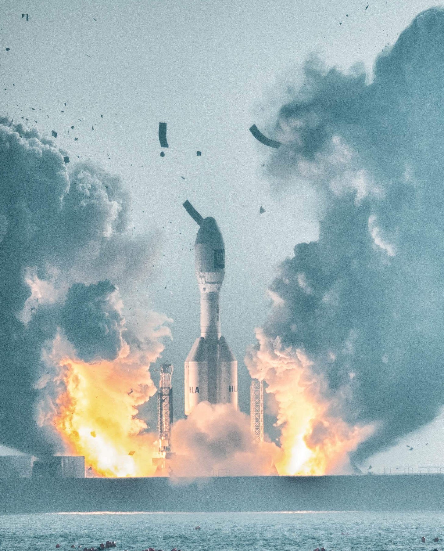 The Gravity-1 Y1 rocket blasts off from its sea-launch platform in January 2024, also throwing parts of its flame deflection trench skyward. The Gravity-1 Y1 rocket blasts off from its sea-launch platform in January 2024, also throwing parts of its flame deflection trench skyward.