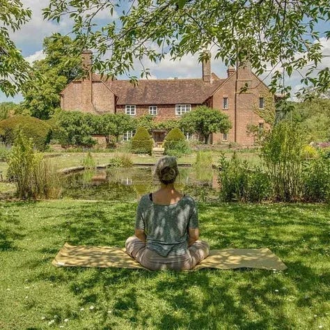 Images of Bore Place in Kent Uk. Woods, people meditating and a stock image of vegetables with a soup