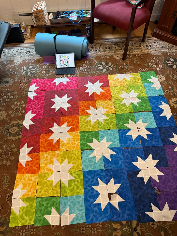 quilt blocks arranged before sewing