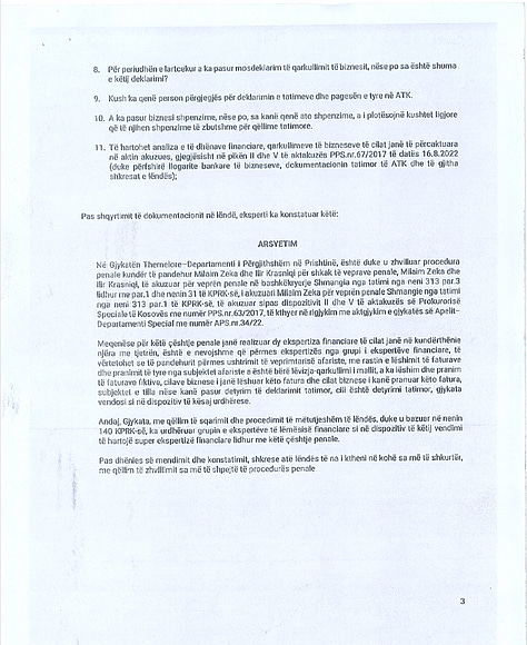 Pamje nga Mendimi Konstatues i Ekspertizës Financiare Gjyqësore, i urdhëruar nga Gjykata Themelore në Prishtinë. Dokumenti përbëhet nga 14 faqe dhe është shqyrtuar në tërësi nga redaksia e Gunpowder Chronicles. Për publikim janë përzgjedhur vetëm faqe të caktuara që përmbajnë gjetje analitike dhe përfundime financiare relevante për interesin publik. Pjesë të tjera të dokumentit nuk janë publikuar pasi përmbajnë të dhëna personale, numra identifikues, informacione procedurale dhe elemente që, sipas ligjit në fuqi dhe standardeve profesionale, nuk janë të nevojshme për informimin e publikut dhe duhet të mbrohen për të respektuar privatësinë dhe parimin e prezumimit të pafajësisë.