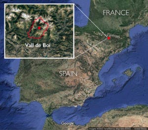 Map of the Vall de Boí, a valley nestled within the Pyrenees mountains in the Catalonia region of north-east Spain