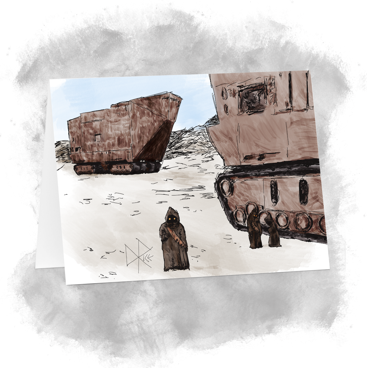 On Tatooine, three Jawas stand in the foreground near the tracks of their sandcrawler as another more distant crawler is rolling up to join in on the market. Sketch art by Don Rice. On Tatooine, three Jawas stand in the foreground near the tracks of their sandcrawler as another more distant crawler is rolling up to join in on the market. Sketch art by Don Rice.