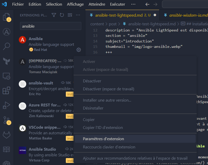 ansible vscode extension parameters