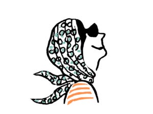 Drawing of woman wearing dotted scarf and striped sweater and sunglasses Drawing of woman wearing dotted scarf and striped sweater and sunglasses