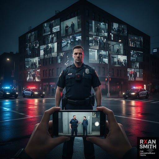 Ultra-detailed 16:9 photorealistic image. Nighttime city intersection lit by streetlights and police car strobes. In the foreground, a person holds up a smartphone recording a tense police encounter; on the phone screen we see the officers and suspect clearly. In the midground, an officer with a body camera on his chest stands rigid, aware of being watched. In the background, projected onto a nearby building, multiple large video clips of different police incidents overlap like a montage. Mood: hyper-modern, watched and watching, truth captured but unresolve