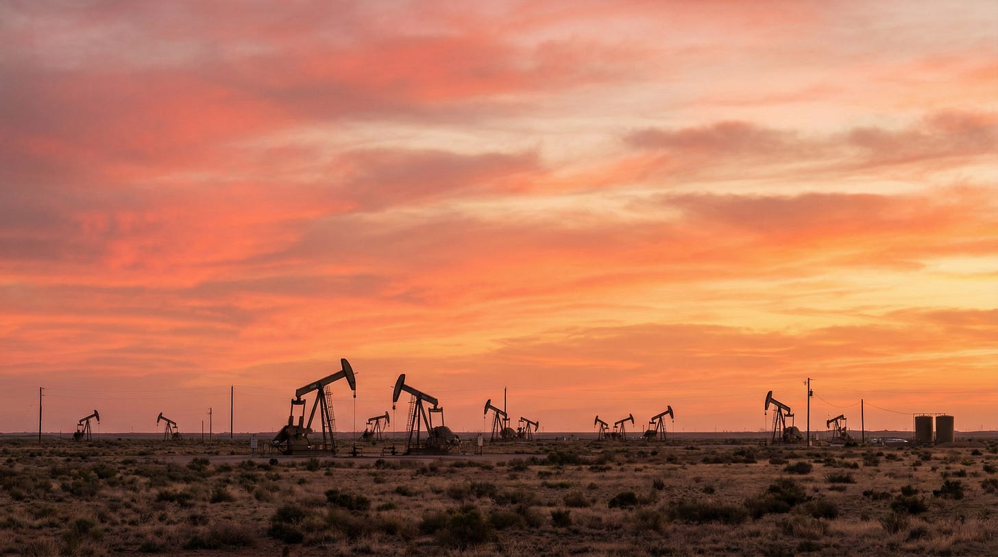 AI-generated illustration of an American oil field at dawn, multiple pump jacks silhouetted against warm orange and pink sunrise sky, flat plains landscape, symbolizing American energy dominance.