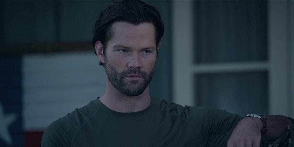 Jared Padalecki looking intense on Walker set 3.07. Jared Padalecki looking intense on Walker set 3.07.