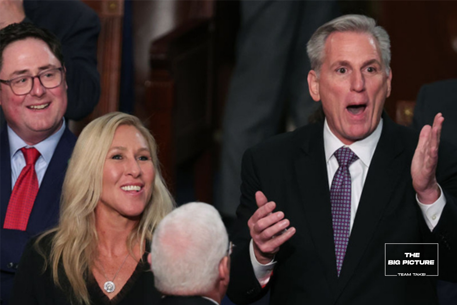 Eventual House Speaker Kevin McCarthy stands with Georgia GOP Representative Marjorie Taylor Greene during after the 8th failed vote to choose a House GOP leader.