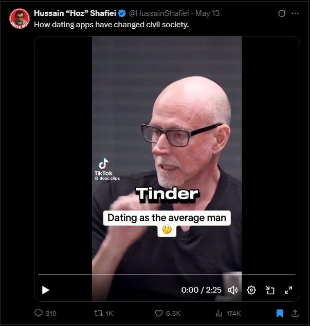 Tweet about 'how dating apps have changed civil society', with a TikTok clip of Scott Galloway