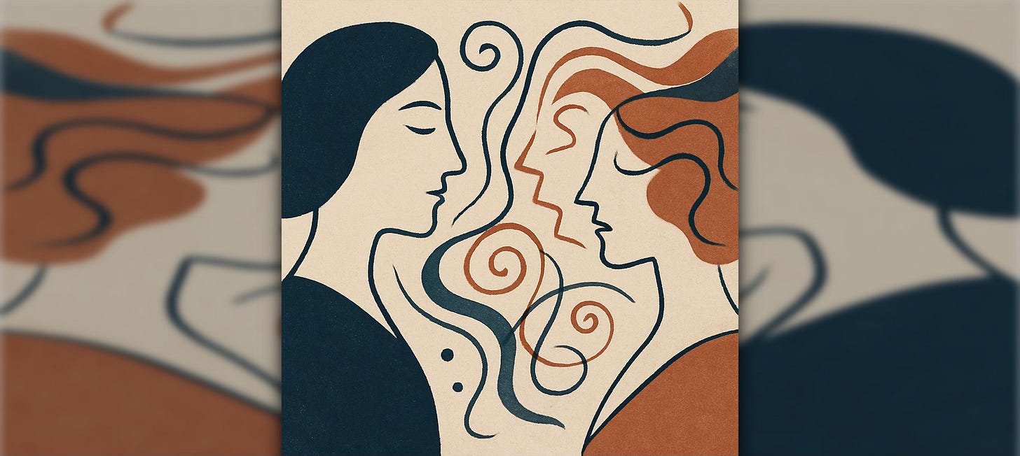 Illustration of two women facing each other, their hair and breath swirling in abstract spirals. One has dark blue hair, the other red, set against a cream background. Titled Spinning World Spiraling Voices.