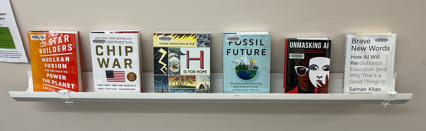 The Star Builders, Chip War, H is for Hope, Fossil Future, Unmasking AI, and Brave New Words - books on display in a section of rain gutter attached to wall. The Star Builders, Chip War, H is for Hope, Fossil Future, Unmasking AI, and Brave New Words - books on display in a section of rain gutter attached to wall.