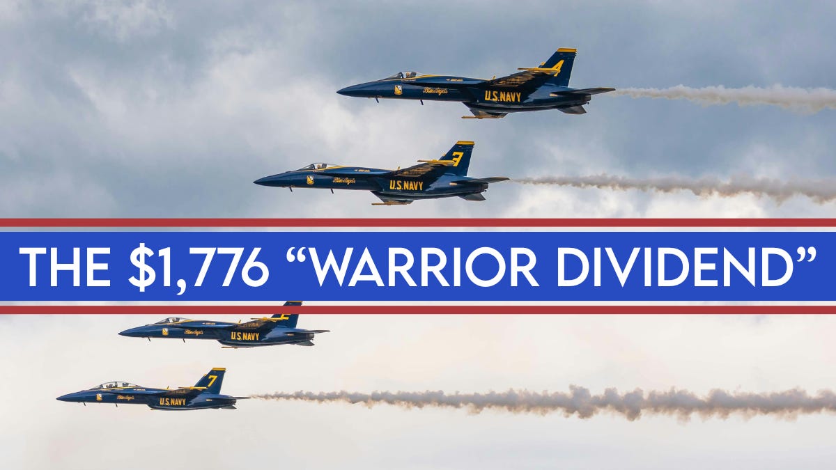 U.S. Navy Blue Angels jets flying in formation above a banner reading “The $1,776 ‘Warrior Dividend’,” illustrating Trump’s 1776 military payment announcement.