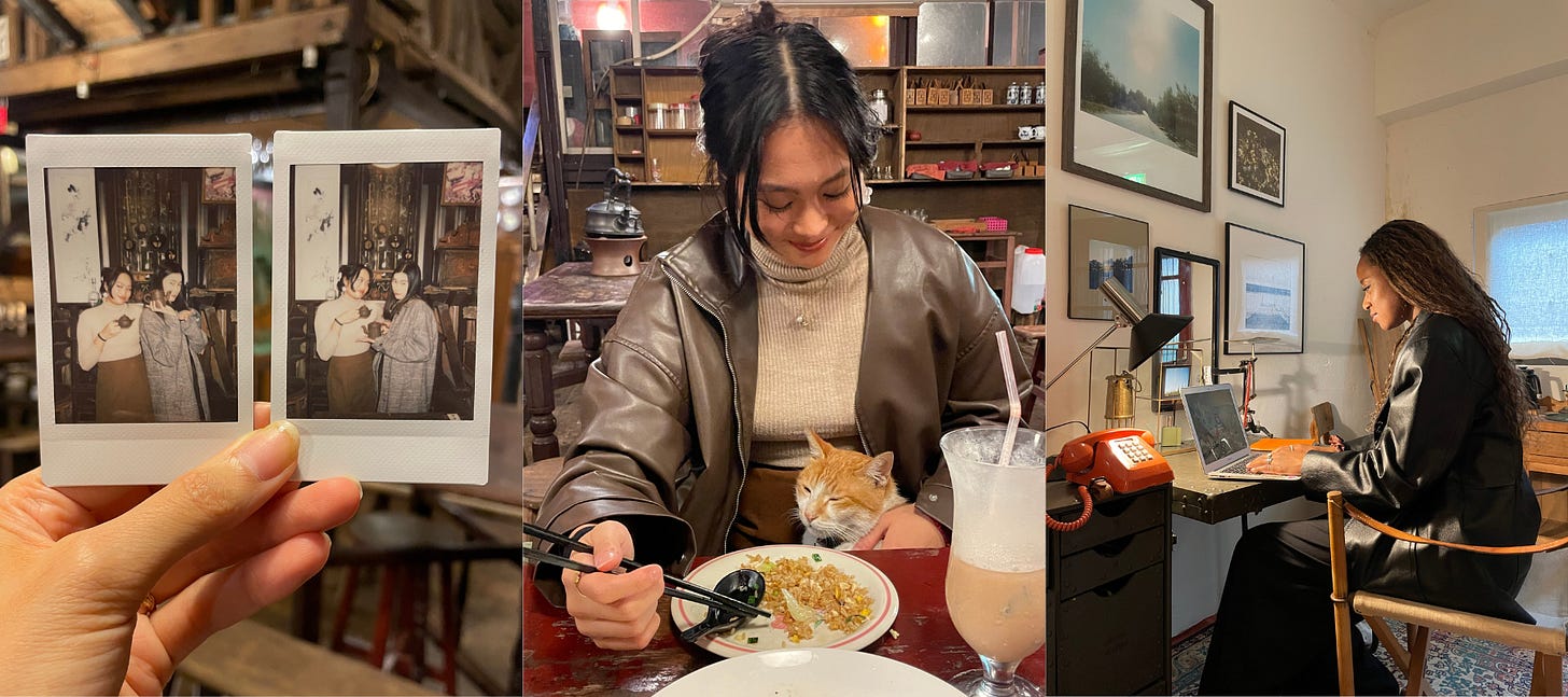 left: two polaroids of cath and me holding teapots; middle: cath at the dinner table looking down at the orange cat in her lap; right: Hayley working at a desk