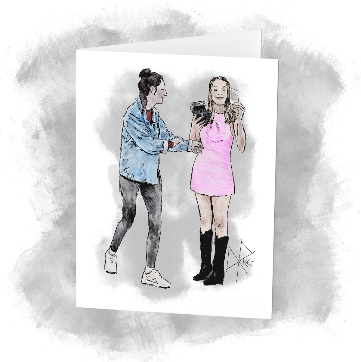 A woman holds a Polaroid instant camera in one hand and the photo it has just ejected in the other, as another woman excitedly moves in to see what has been captured. Sketch art by Don Rice. A woman holds a Polaroid instant camera in one hand and the photo it has just ejected in the other, as another woman excitedly moves in to see what has been captured. Sketch art by Don Rice.