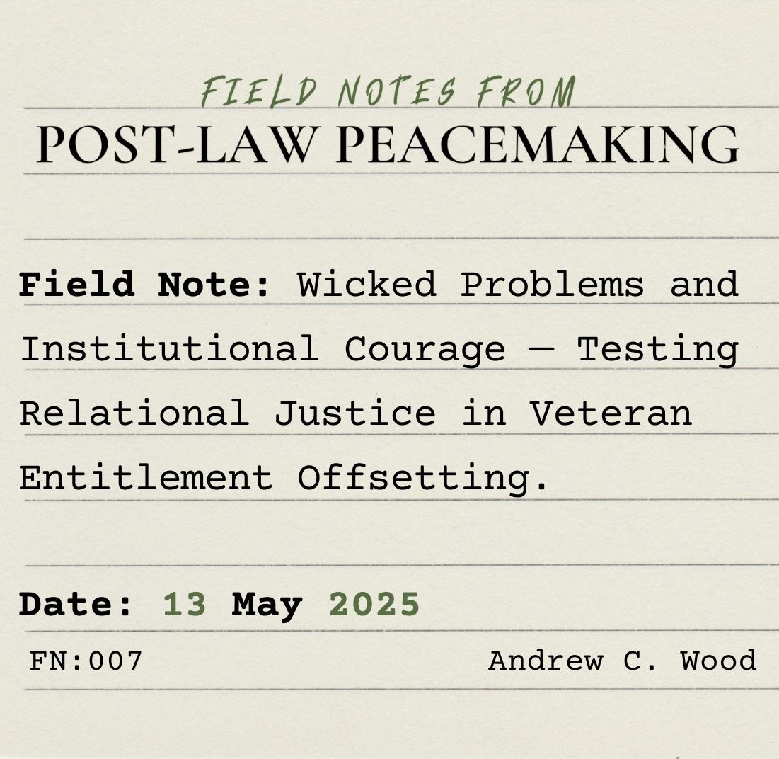 An index card on which is typed: "Field Notes from Post-Law Peacemaking. Field Note: Wicked Problems and Institutional Courage — Testing Relational Justice in Veteran Entitlement Offsetting. Date: 13 May 2025.  FN:007. Andrew C. Wood