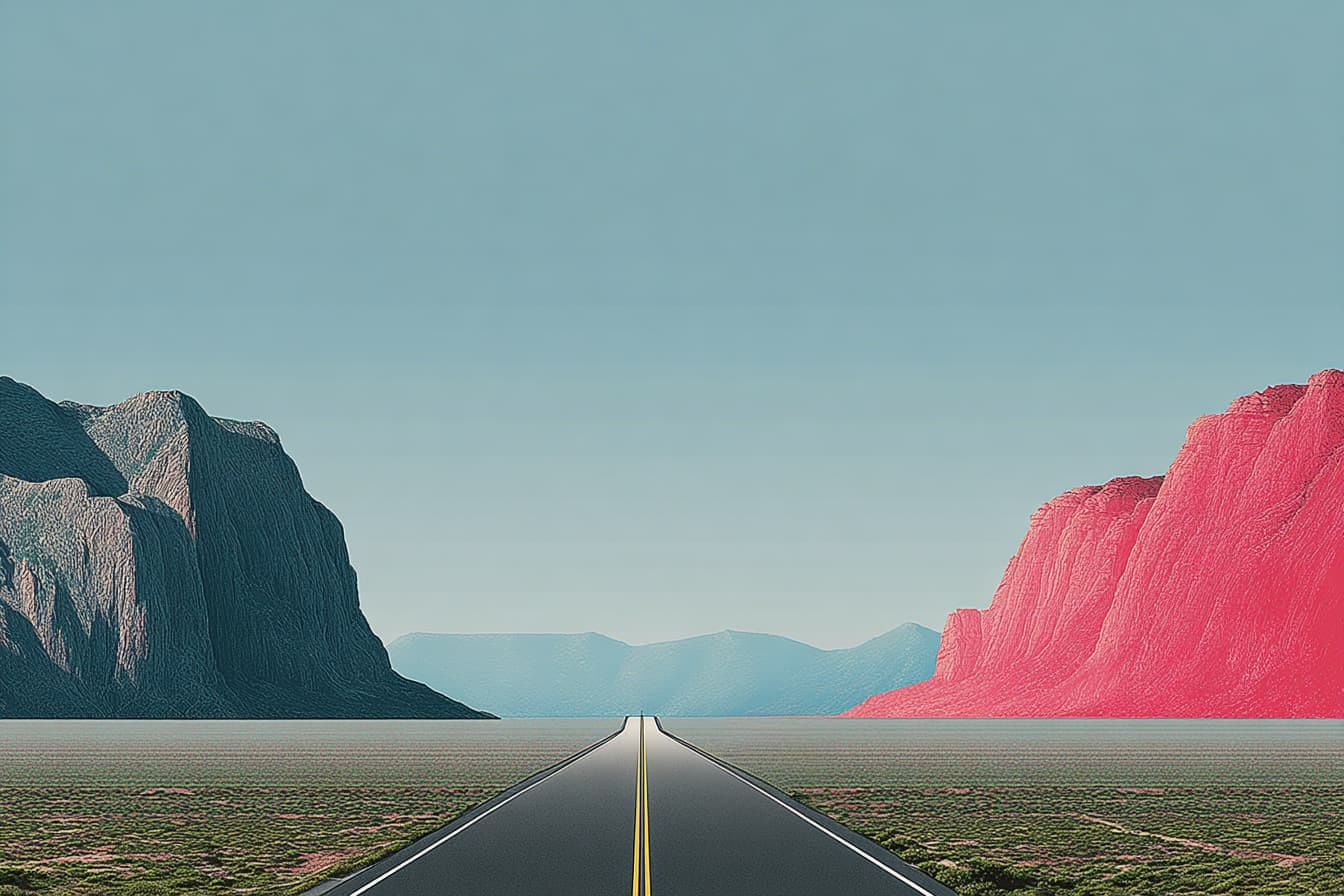 illustration of a road with gray mountains on one side and red mountains on the other