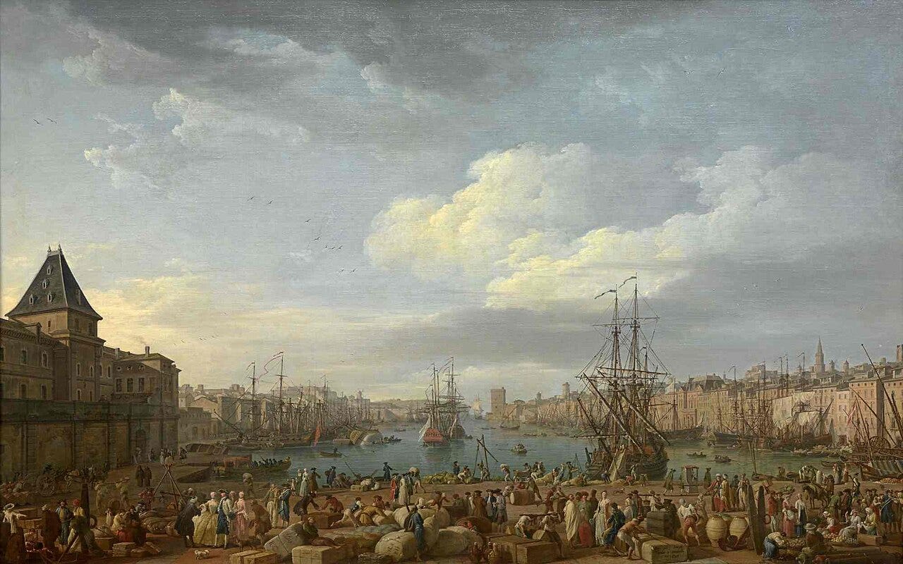 The crowded harbor of Marseille in 1754, with cargo on the quay and ships of several nations at anchor, painted by Claude Joseph Vernet