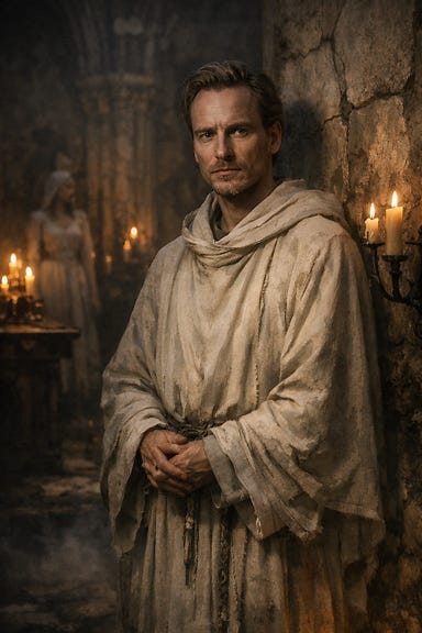 Exile Ithuriel in the Abbey sanctuary, pale figure in white robes, candlelight and cracked stone, Barovian Gothic atmosphere
