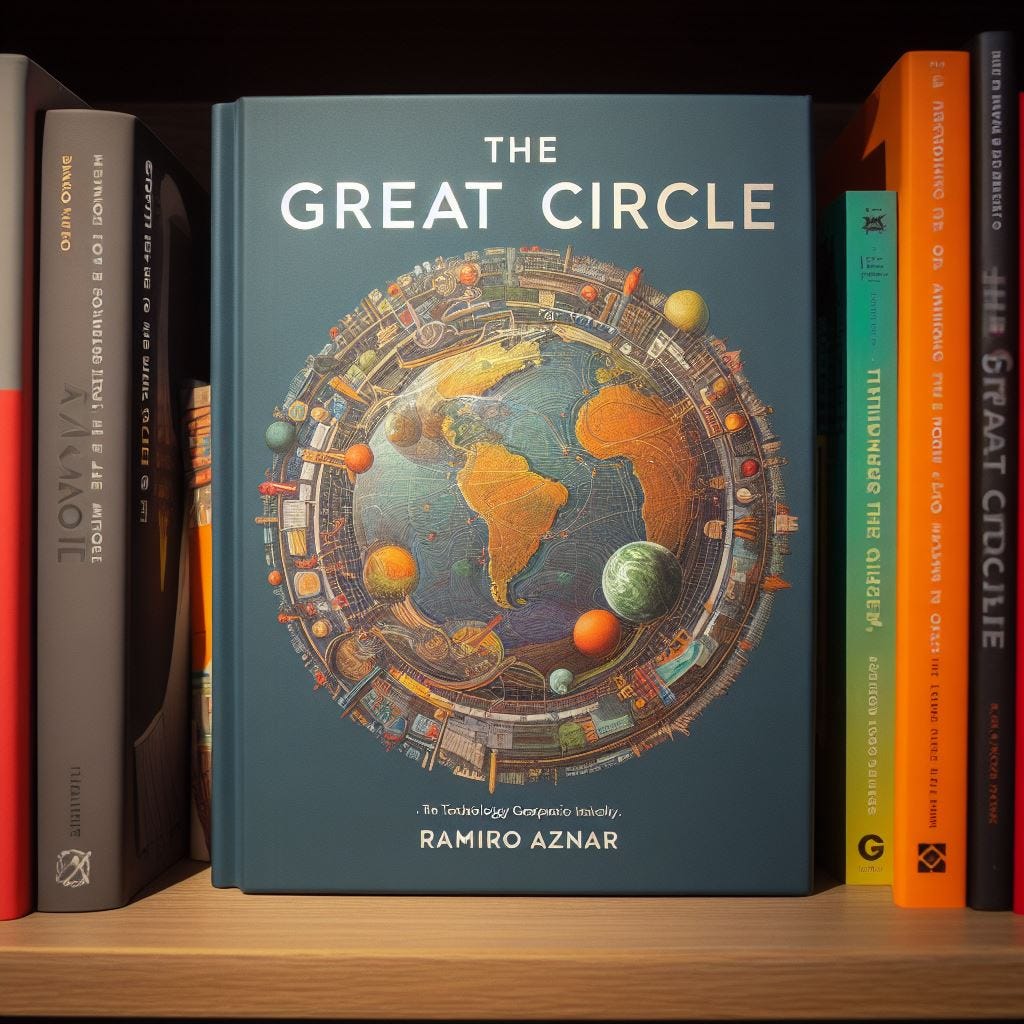 A book placed in a book shelf titled The Great Circle by Ramiro Aznar about the intersection of technology, geography and science A book placed in a book shelf titled The Great Circle by Ramiro Aznar about the intersection of technology, geography and science