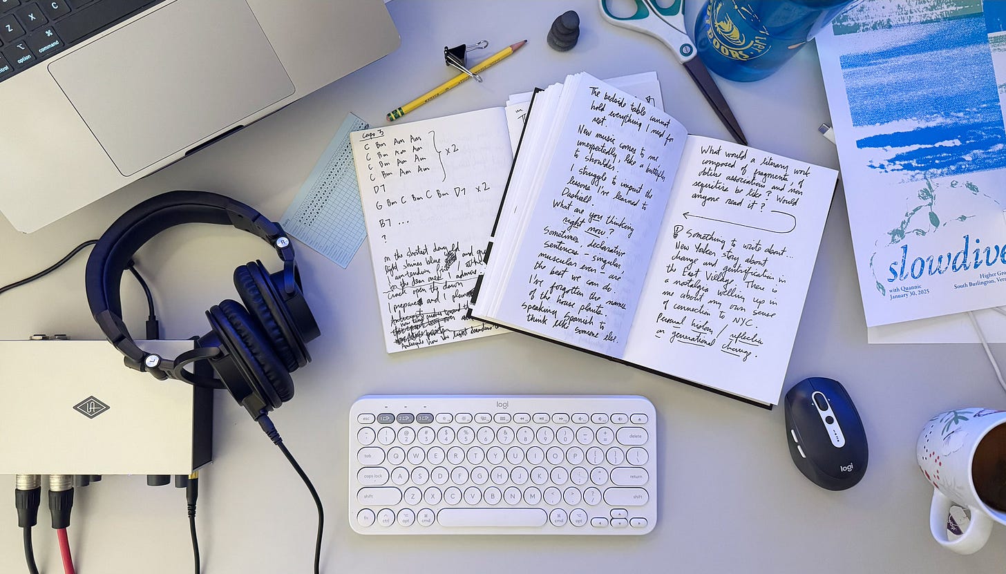 Photograph of a desk with computer, keyboard, headphones, sketchbook, etc.