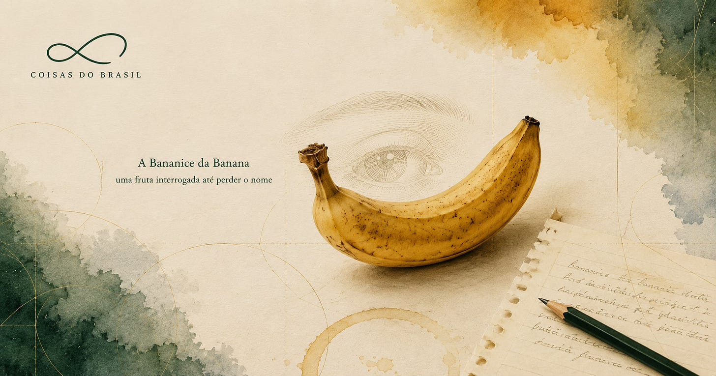 Ilustração editorial da COISAS DO BRASIL com uma banana observada como objeto literário, referência ao livro A Bananice da Banana.