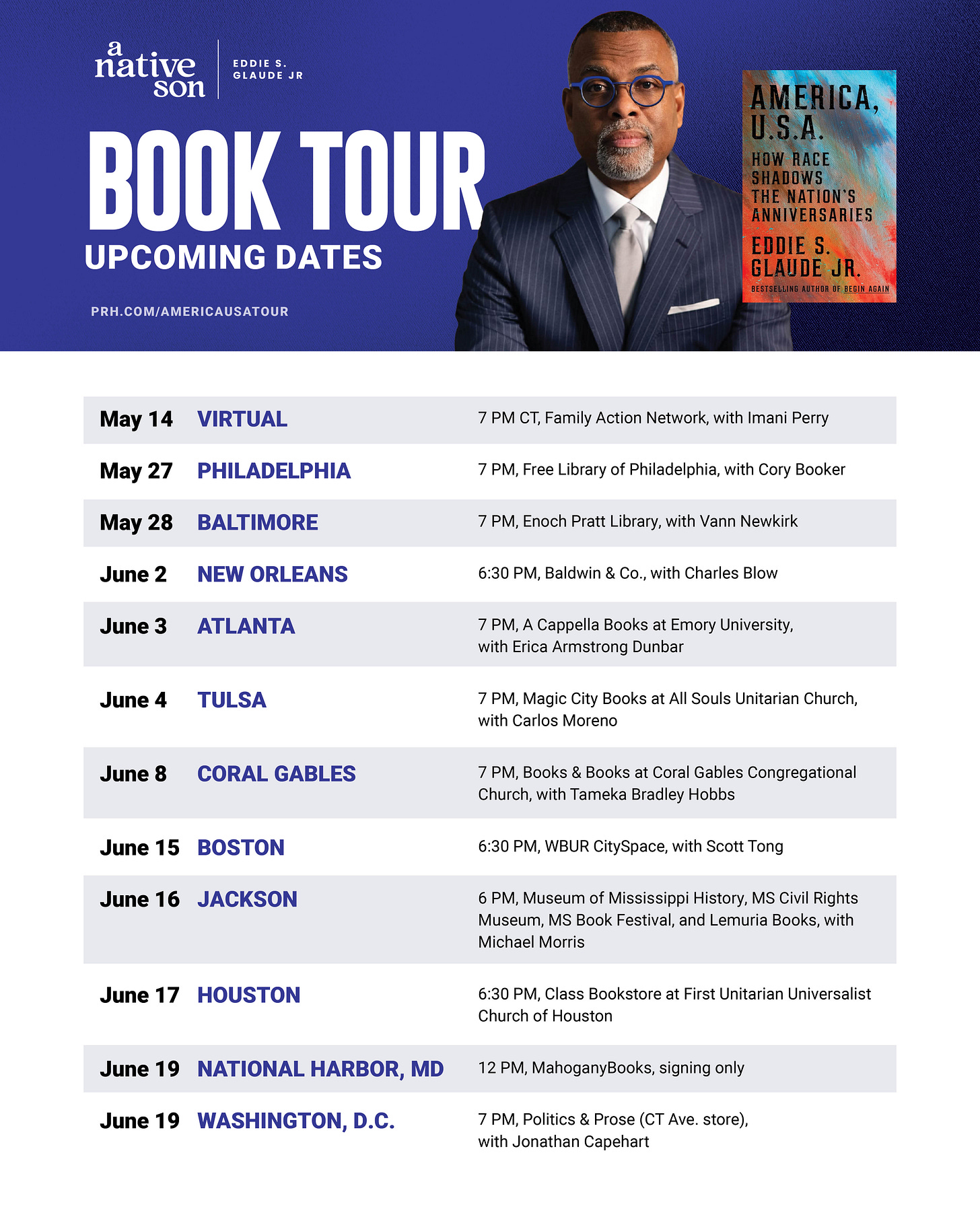 List of dates and cities where Eddie will appear on his book tour.