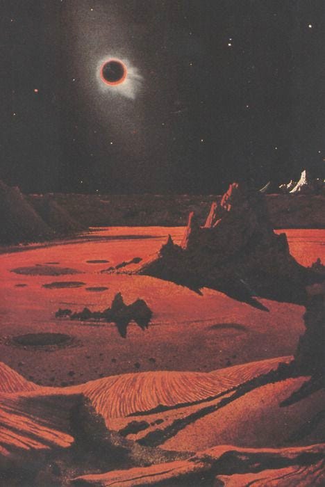 This may contain: an artist's rendering of a red planet with mountains in the foreground and a distant black object in the distance