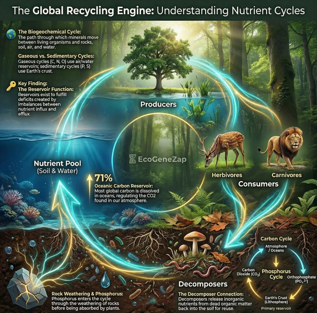 The Nutrient Cycle: Mechanics of Ecosystem Sustainability
Functional Definition and Contextual Importance The nutrient (mineral) cycle is a core functional aspect of an ecosystem, along with energy flow, decomposition, and productivity. It is vital for maintaining the ecosystem as a self-regulatory and self-sustaining unit by facilitating the continuous transition of matter between biotic and abiotic components. This circularity provides the systemic stability necessary for the following biological agents to operate.
The Decomposer Nexus and Mineralization Micro-consumers—primarily bacteria and fungi—act as essential reducers or transformers. These saprotrophs utilize an osmotroph mechanism, releasing enzymes externally to break down complex organic material from dead remains into simpler organic substances. Subsequent mineralization releases these as inorganic minerals back into the soil. This process ensures the environment's best resource of minerals is constantly replenished and available in the soil reservoir.
The Sustainability Loop and Resource Re-entry The soil reservoir enables the final stage of the loop, where autotrophs reuse released minerals to synthesize organic matter via radiant energy, repeating the event. Unlike energy flow, which is unidirectional and ends in dissipation as heat through metabolic activity, the circular nature of the nutrient cycle allows for repeated resource utilization. This fundamental recycling mechanism ensures long-term biosphere longevity.

