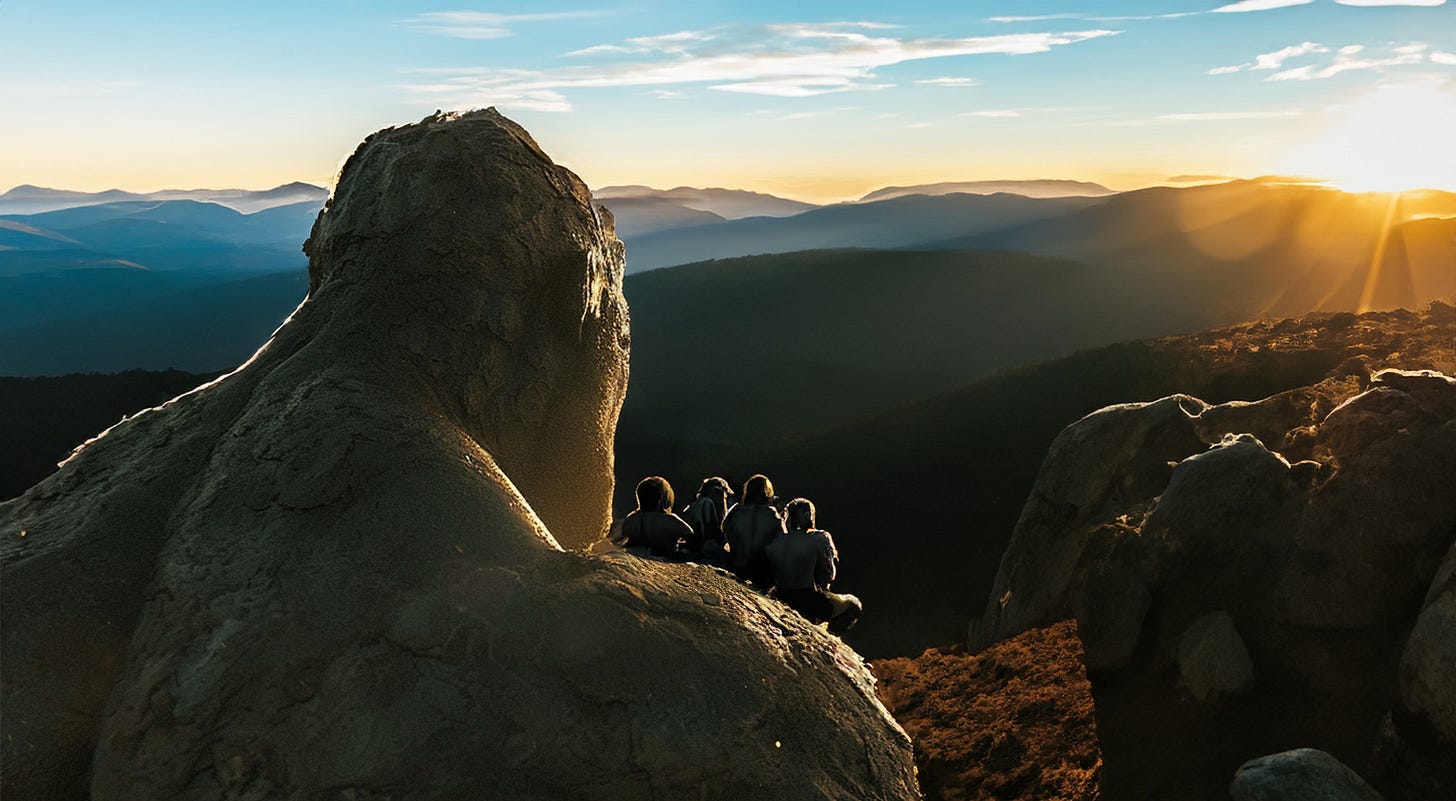 Illustration: A group of people is sitting on the shoulder of a giant, looked at from behind, all facing the sunrise between mountains in the distance Illustration: A group of people is sitting on the shoulder of a giant, looked at from behind, all facing the sunrise between mountains in the distance