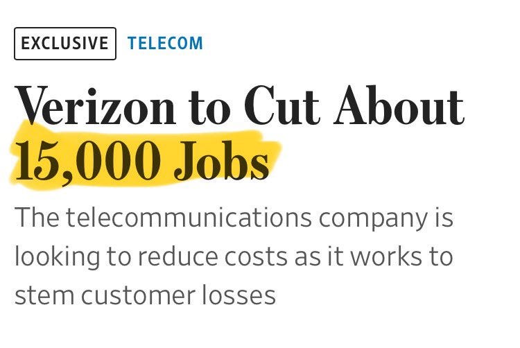 News headline graphic with EXCLUSIVE Telecom label at top yellow highlight on Verizon to Cut About 15000 Jobs text below description of telecommunications company reducing costs to stem customer losses