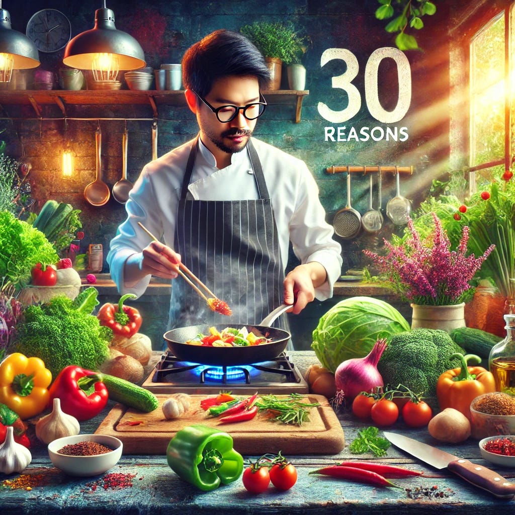 A vibrant kitchen scene featuring an Asian male chef with glasses preparing a meal at the center, surrounded by fresh ingredients like vegetables, herbs, spices, and utensils. The scene reflects creativity, mindfulness, and joy, with elements like a sizzling pan, chopped ingredients on a cutting board, and colorful herbs in small bowls. In the background, soft light streams through a window, creating a warm, welcoming atmosphere. The focus is on the Asian male chef cooking, with a sense of accomplishment and calm present in the scene, symbolizing the 30 reasons why one cooks.