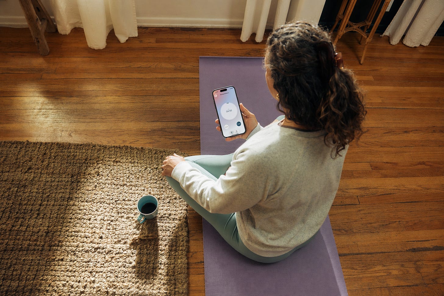 Minimal meditation timer app interface showing a calm, distraction-free session with soft colors, representing a simple and focused meditation experience without interruptions.