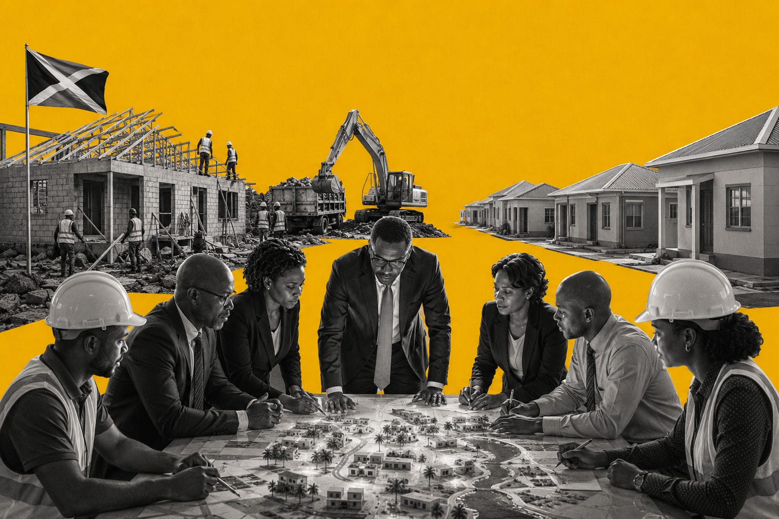 A bold reconstruction themed image symbolising Jamaica’s shift from disaster recovery to national transformation, rendered in striking yellow and grayscale tones. A bold reconstruction themed image symbolising Jamaica’s shift from disaster recovery to national transformation, rendered in striking yellow and grayscale tones.