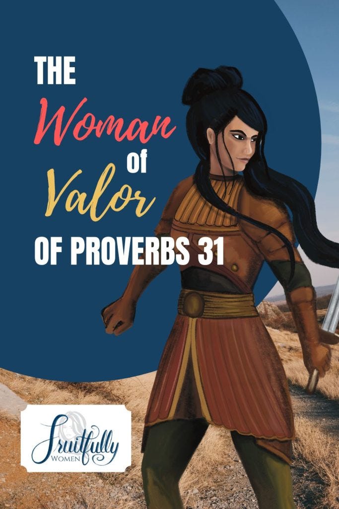 Image shows a female warrior with leather armor with a blue background and "The woman of valor of proverbs 31." Image shows a female warrior with leather armor with a blue background and "The woman of valor of proverbs 31."