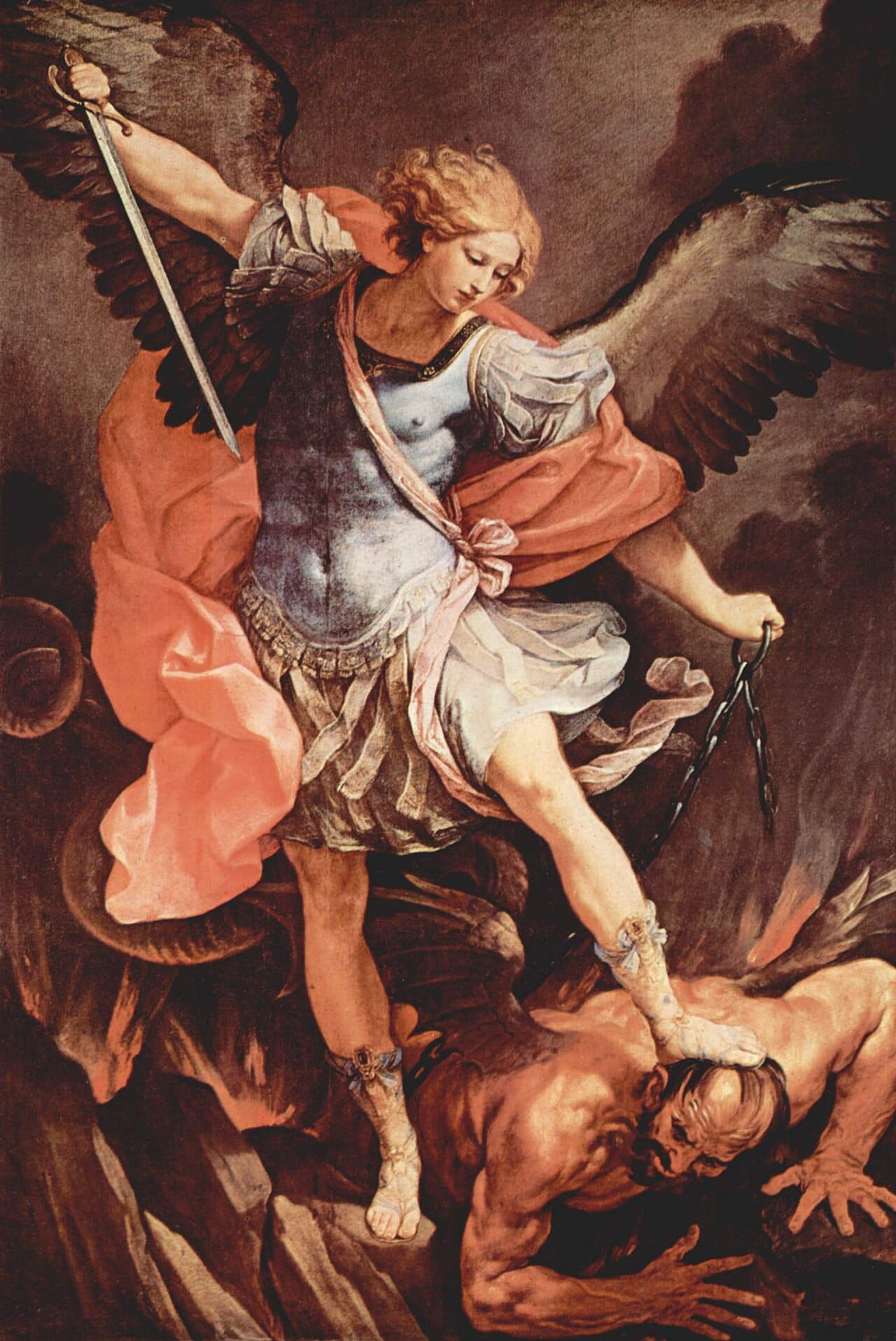 A beautiful winged archangel in armour stands victorious over the defeated Devil A beautiful winged archangel in armour stands victorious over the defeated Devil