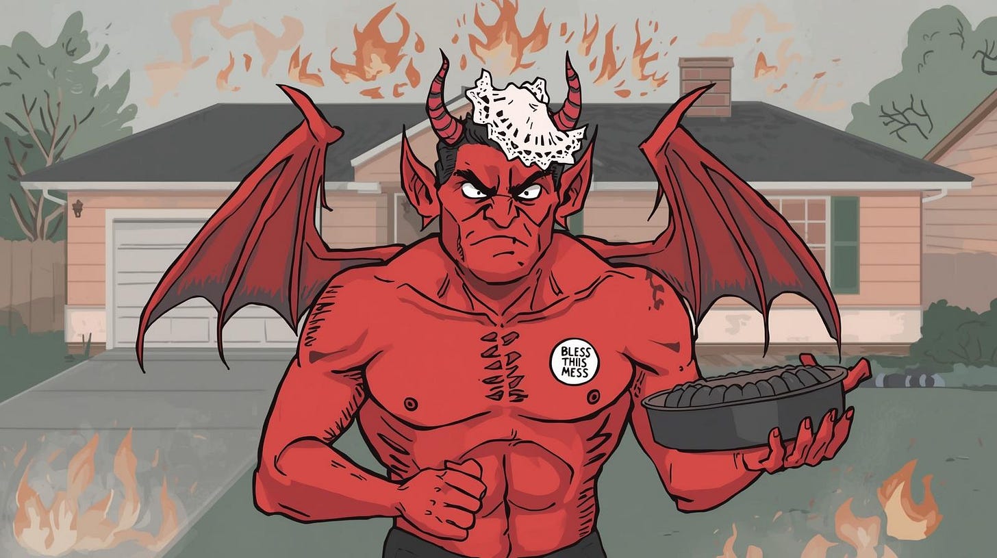 A furious red demon with black hair, horns, and bat-like wings stands shirtless in front of a flaming suburban house. He wears a frilly white doily on one horn and a round button on his chest that reads “Bless This Mess.” His left fist is clenched in rage, while his right hand carries a steaming Bundt cake pan. Flames rise around the lawn as he glares ahead in quiet suffering. The pastel house behind him features green shutters and a garage — a disturbingly wholesome setting for a demon clearly possessed by Midwestern domesticity.