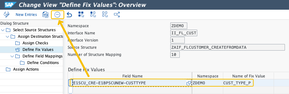 SAP AIF Define Fix Values Overview screen used to locate and delete a conflicting fixed value