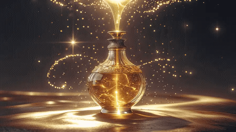 Ornate golden bottle with luminous, sparkling ointment pouring forth and surrounded by glowing particles on a dark background, depicting the precious essence and allure described in Song of Solomon 1:3.