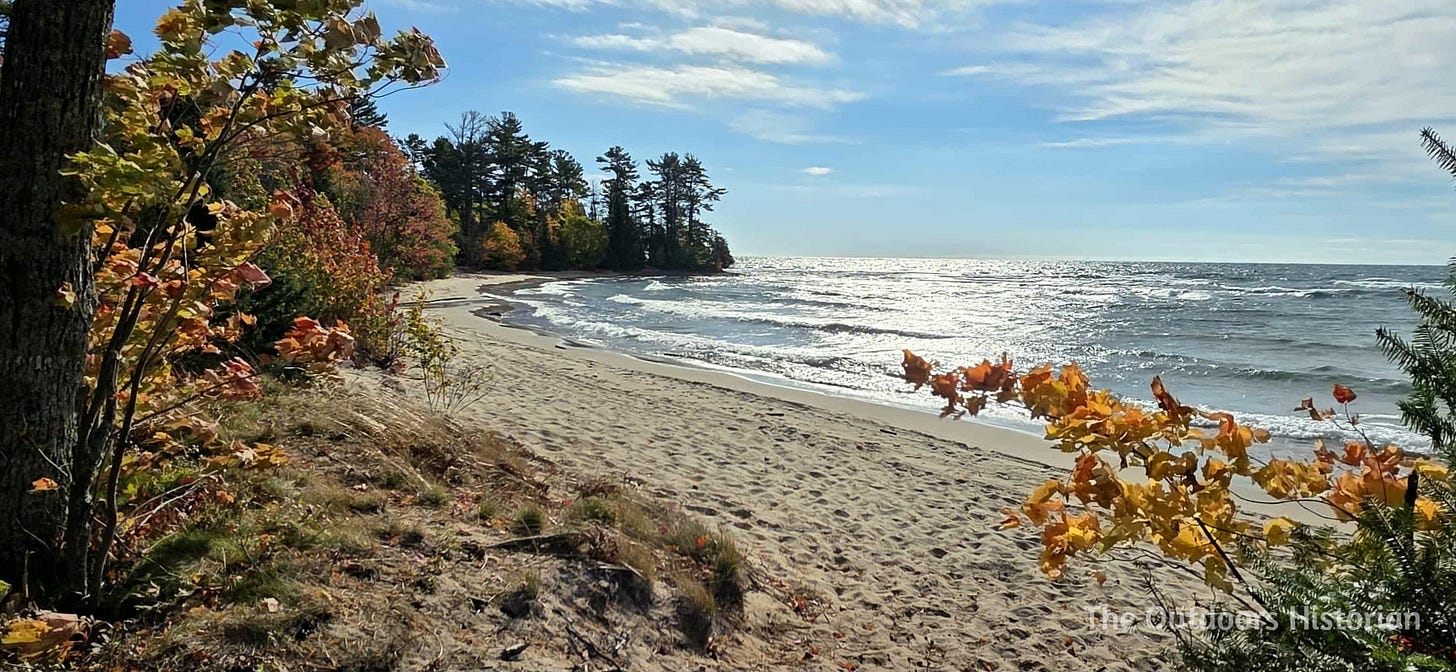 A view of a sandy beach in bay with fall colors and waves glittering in the afternoon sun.