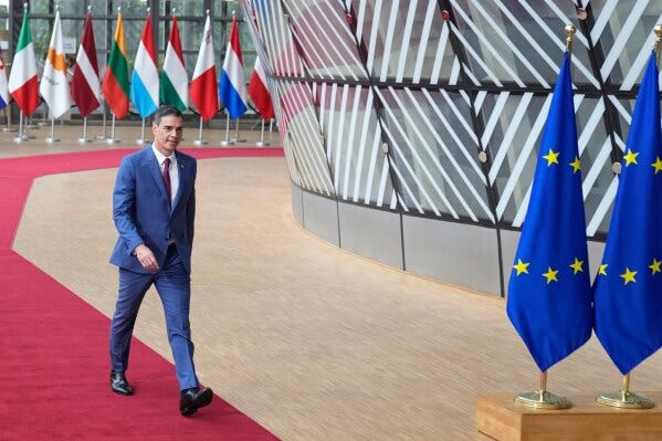 Spain's Prime Minister Pedro Sanchez arrives for an EU summit at the European Council building in Brussels, Thursday, June 29, 2023. (AP Photo/Virginia Mayo, File)
