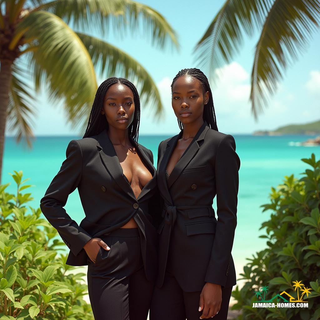 Regal black models dressed in stylish, modest real estate agent attire, posing in a vibrant Jamaican Caribbean setting, exuding confidence and poise.