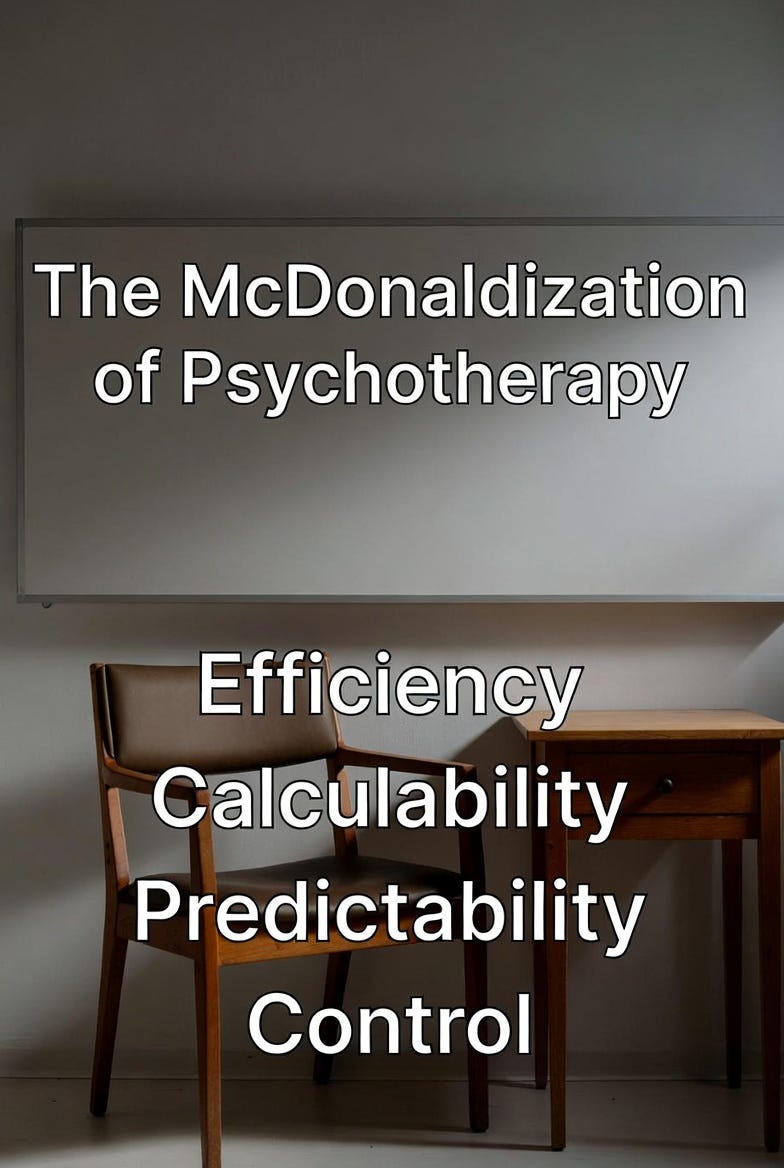 A clinical psychotherapy setting with chair, table, and text on "McDonaldization of Psychotherapy."