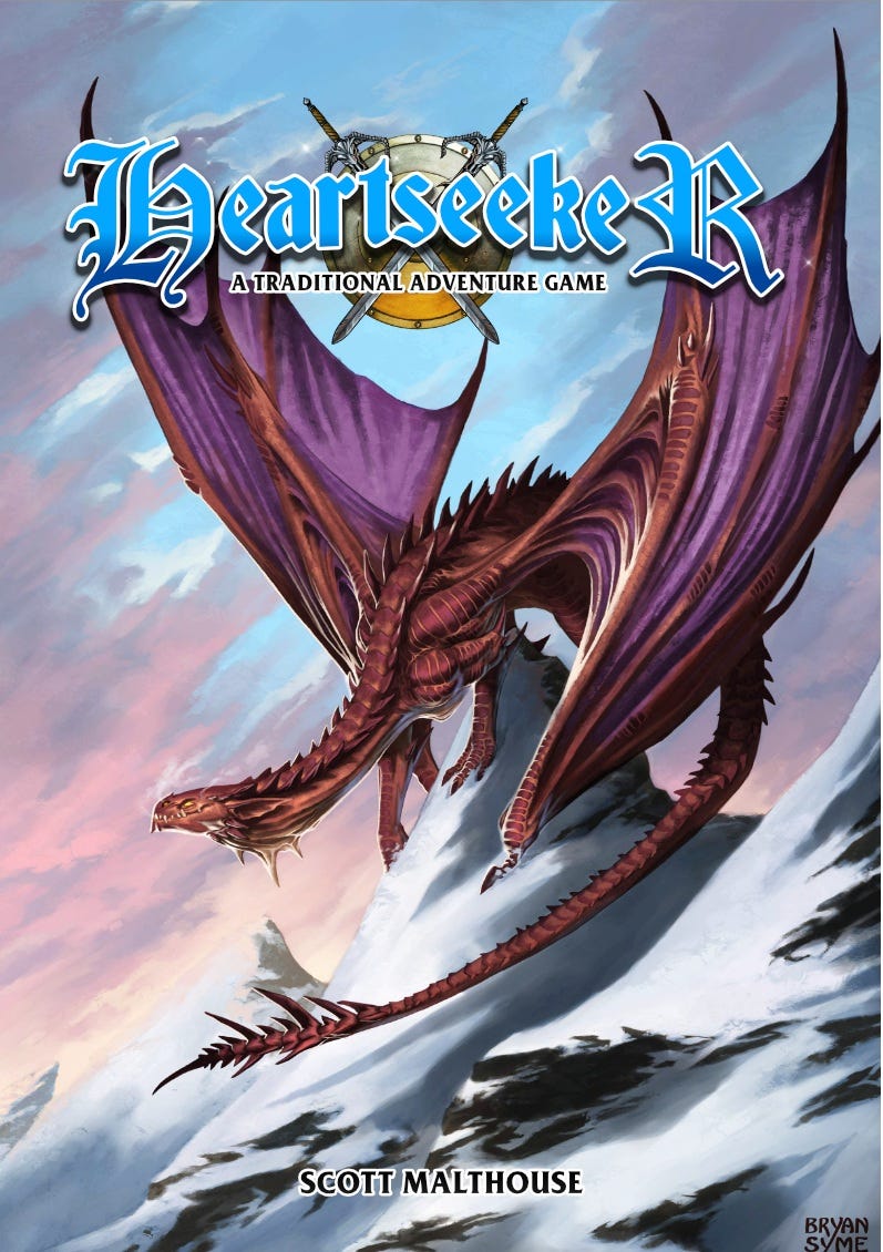 The cover of the Heartseeker TTRPG by Scott Malthouse with artwork by Bryan Syme of a dragon perched on a snowy mountain peak