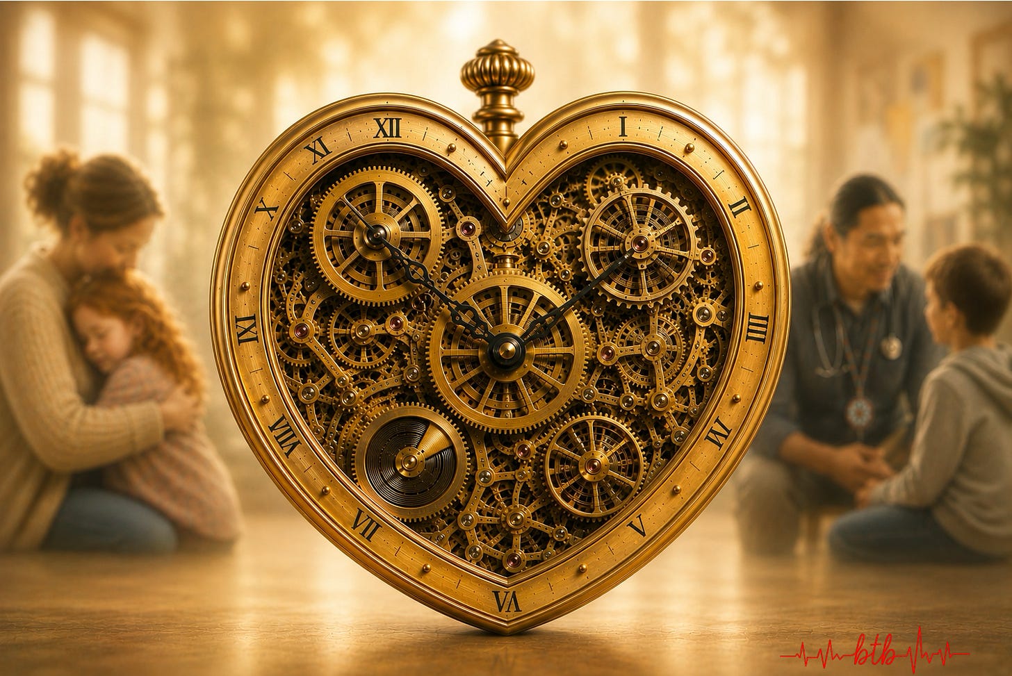 A heart-shaped clock with exposed golden gears and interlocking mechanisms of different sizes, with soft-focus images of families in the background. The image represents the CHD (congenital heart disease) advocacy community as an interconnected movement where every role, from families to researchers to funders, is essential to the whole. Article by Between the Beats writer Marie-Jo Herard