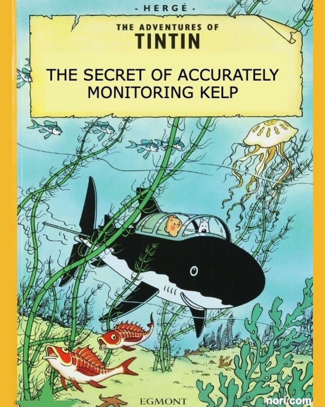 Parody of a Tintin album cover: "The Adventures of Tintin: The Secret of Accurately Monitoring Kelp", showing Tintin in a shark-shaped submarine among seaweed and fish.