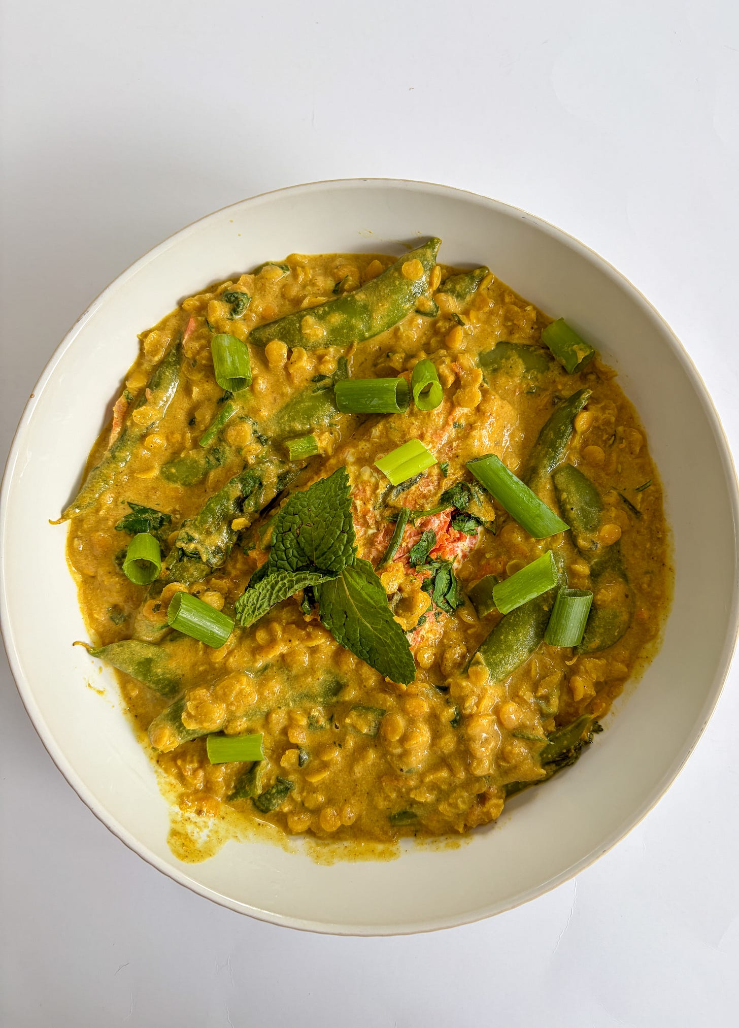 One-pan coconut lentil salmon curry with green onions and mint leaves on top in a white bowl One-pan coconut lentil salmon curry with green onions and mint leaves on top in a white bowl