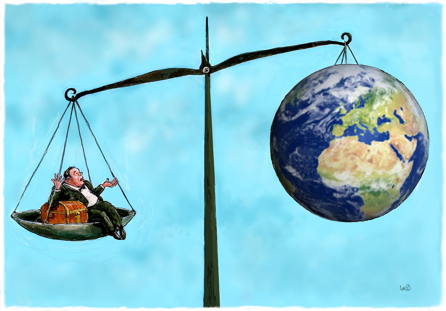 Scales showing a shrugging rich person weighing down the earth on the other side