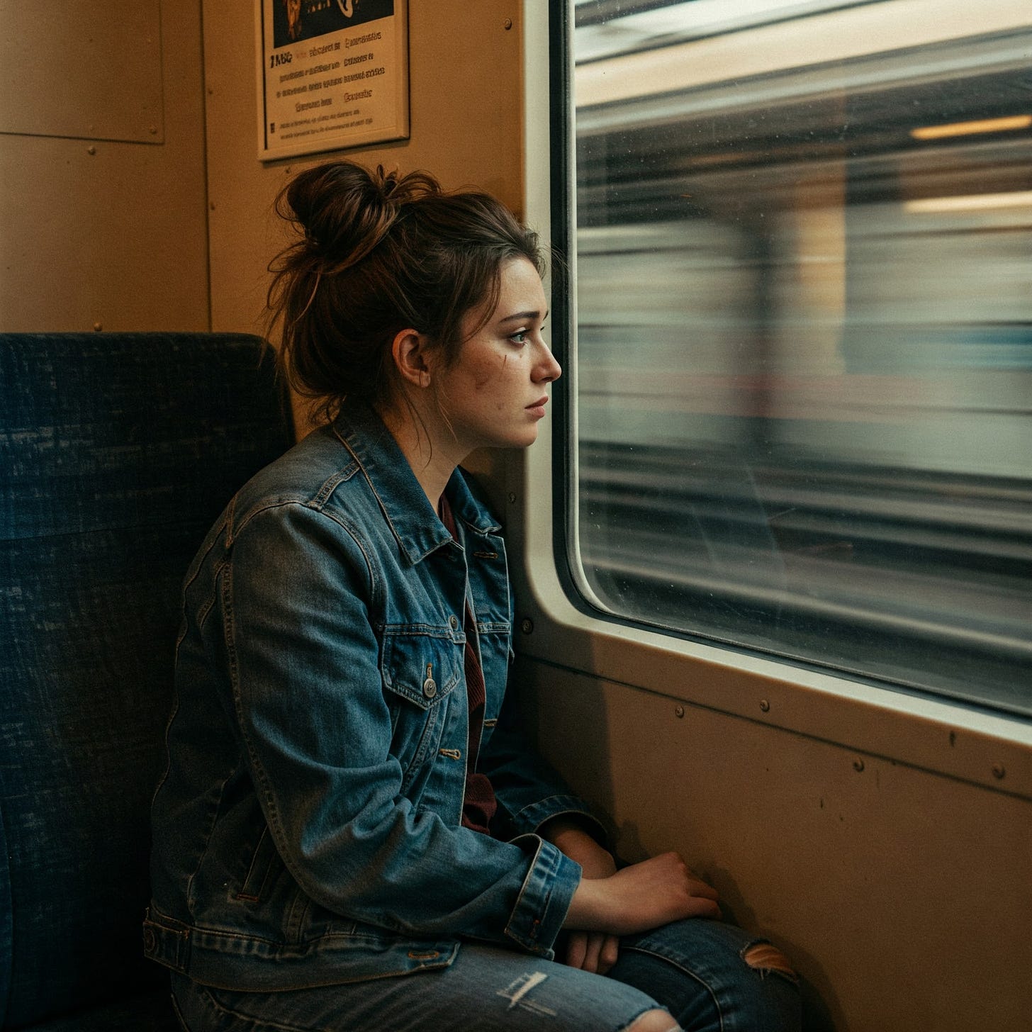 Mulher com expressão triste sentada em um trem olhando pela janela.