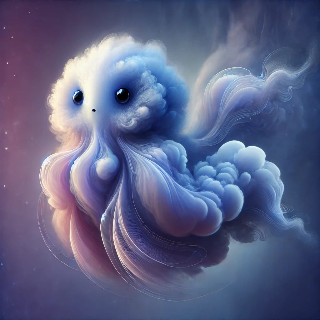 A surreal, abstract creature representing a blend of curiosity and calm, with soft, flowing shapes. The creature has a body that looks like a mix between a jellyfish and a cloud, with translucent tendrils extending from its sides. Its face is gentle and features large, inquisitive eyes that emit a soft glow, symbolizing a sense of wonder. The colors are a mix of deep blues, purples, and soft whites, creating a soothing, dreamlike atmosphere. The background is a hazy gradient that fades into dark blues, giving a sense of mystery and depth.