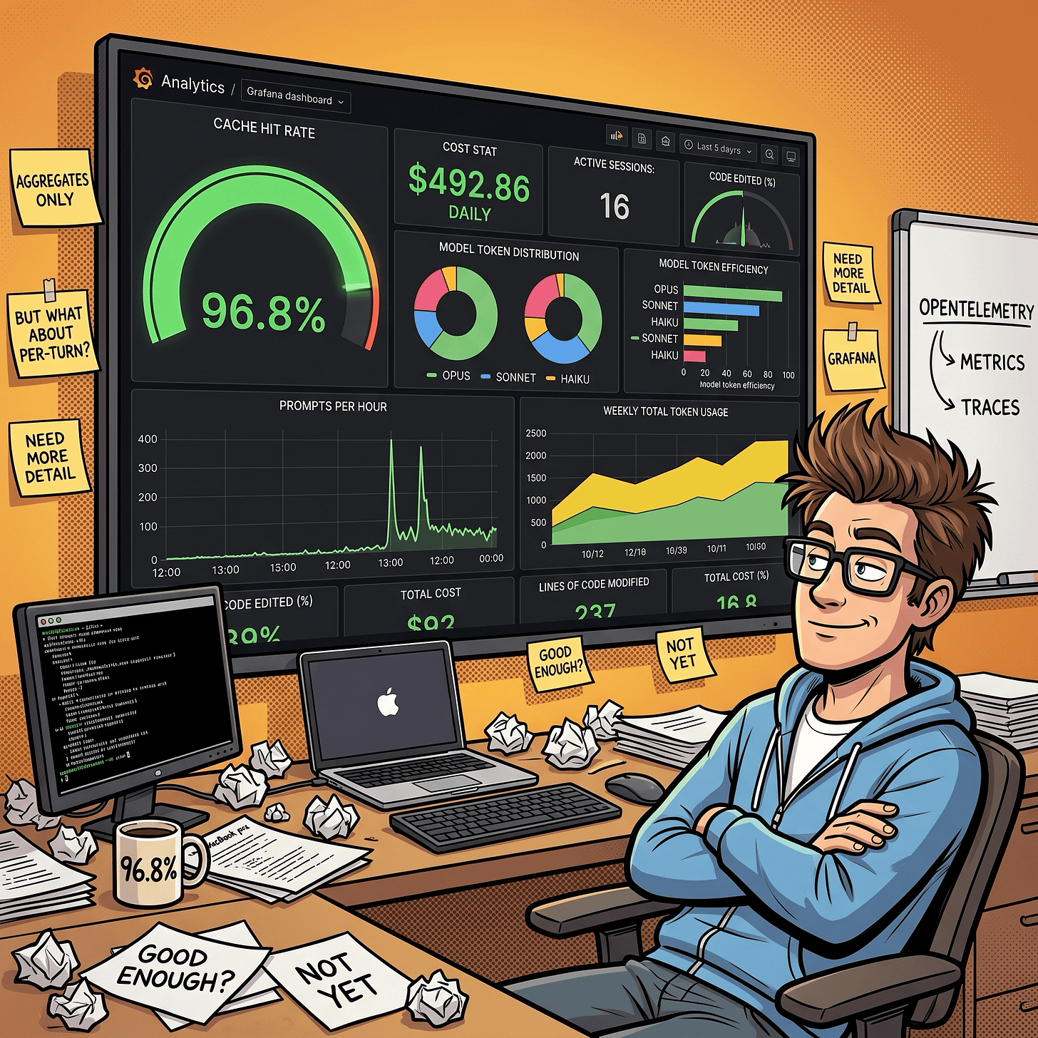 Comic-style illustration of developer with Grafana dashboard showing 96.8% cache hit gauge, $492.86 daily cost, token distribution pie charts, model efficiency bars, prompts per hour, and “BUT WHAT ABOUT PER-TURN?” sticky notes